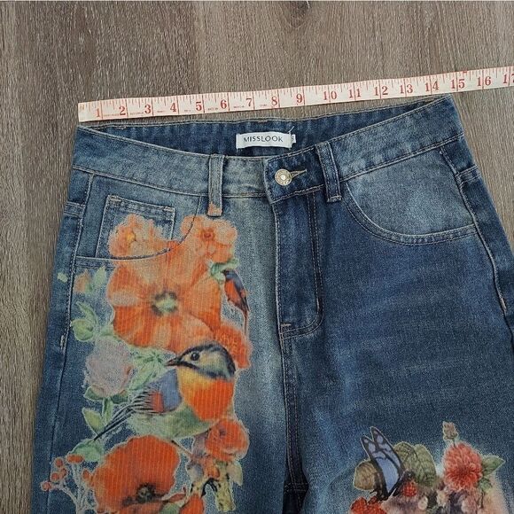 MissLook Women's Jeans Painted Floral Bird Fairy Raw Hem Small Blue - Picture 5 of 7
